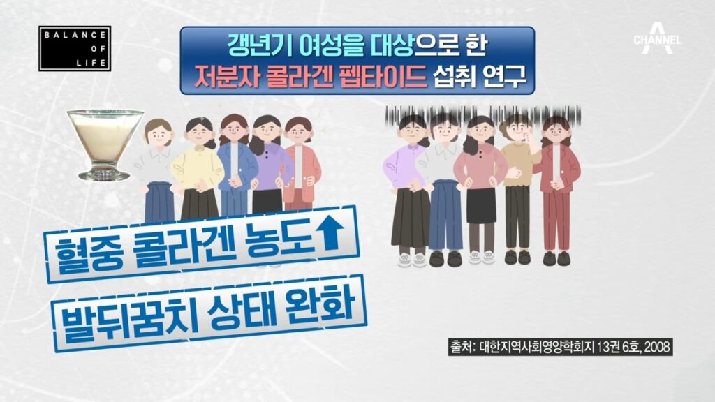 저분자 콜라겐을 섭취한 실험군에서 혈중 콜라겐 농도가 올라가고 발뒤꿈치 상태가 완화되었다