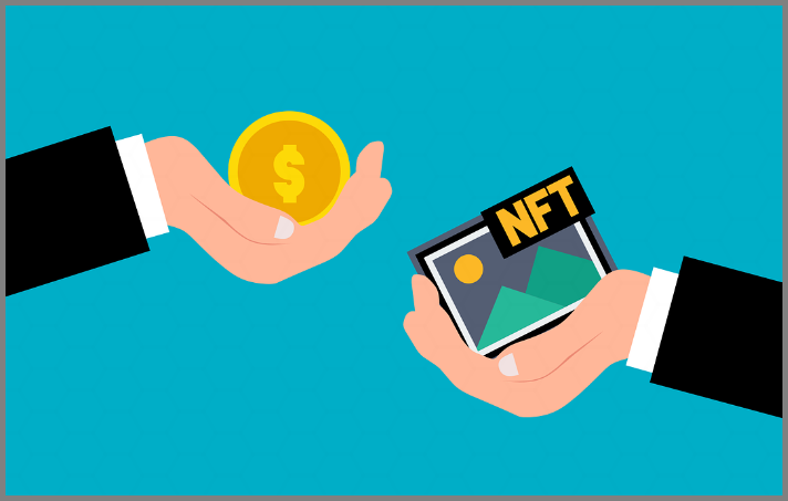 NFT의 특징과 활용을 나타낸 그림으로 NFT와 화폐를 교환하는 일러스트